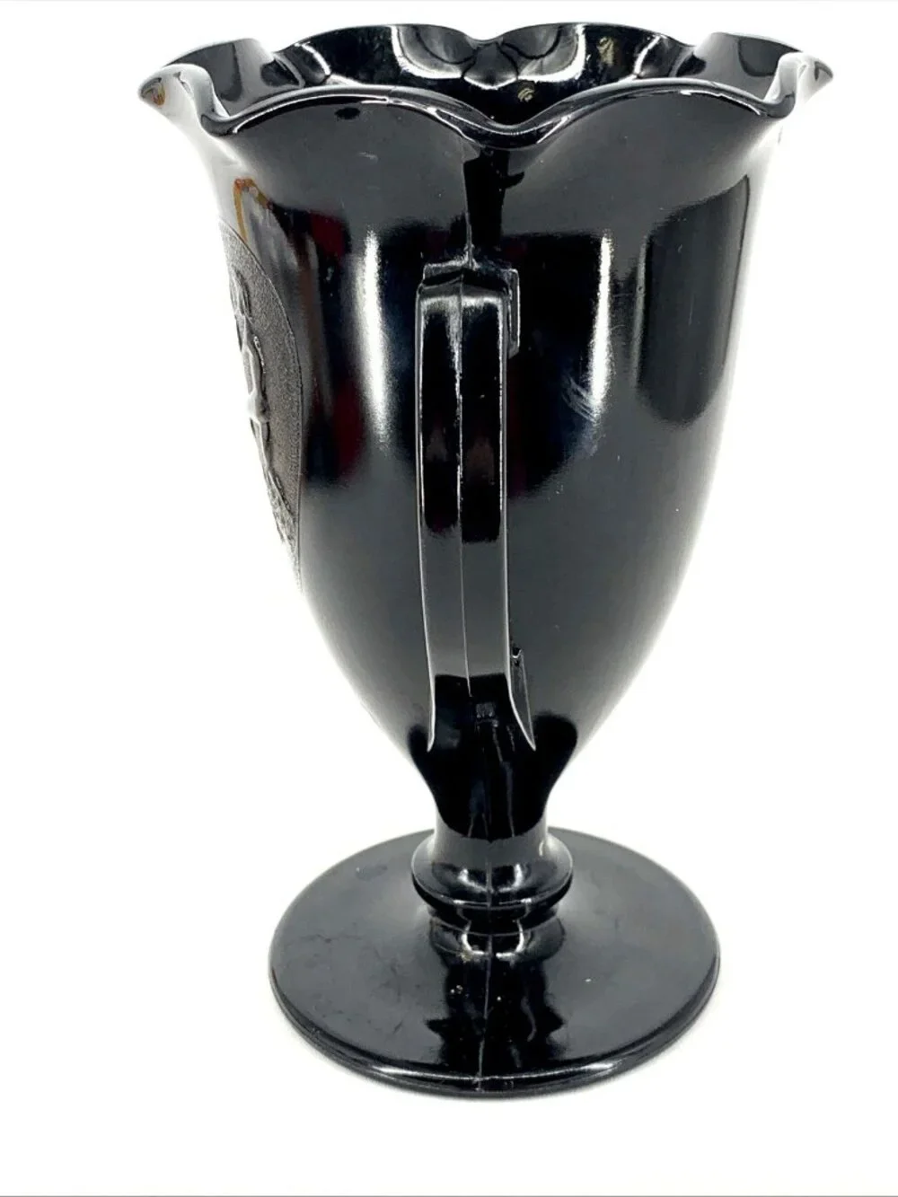 L.E. Smith Black Glass Trophy Vase 1933 Dancing Nymphs Double Handle Ruffled 8